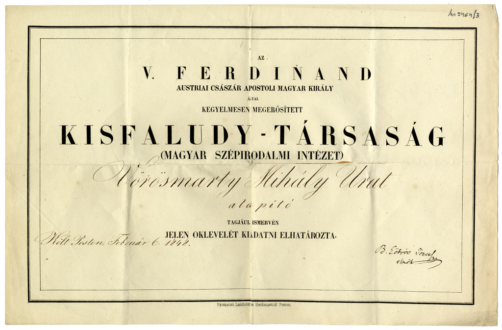 A Kisfaludy Társasági alapító tagságát igazoló oklevél, 1848. február 6.
