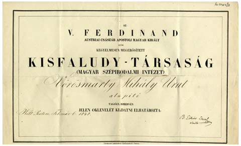 A Kisfaludy Társasági alapító tagságát igazoló oklevél, 1848. február 6.