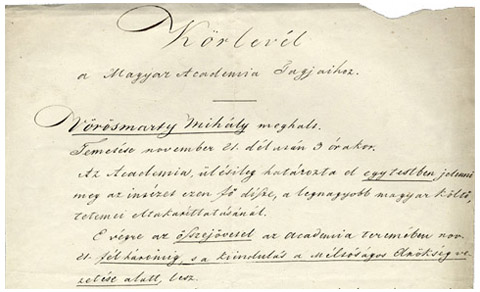 Toldy Ferencnek, az Akadémia titoknokának körlevele a tagokhoz Vörösmarty Mihály elhunytáról. Pest, 1855. november 19.