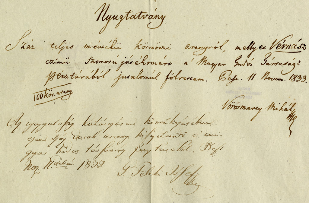 Vörösmarty Mihály nyugtája, 1833. november 11.