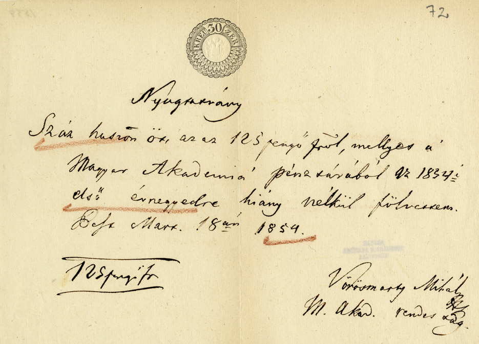 Vörösmarty Mihály nyugtája, 1854. március 18.