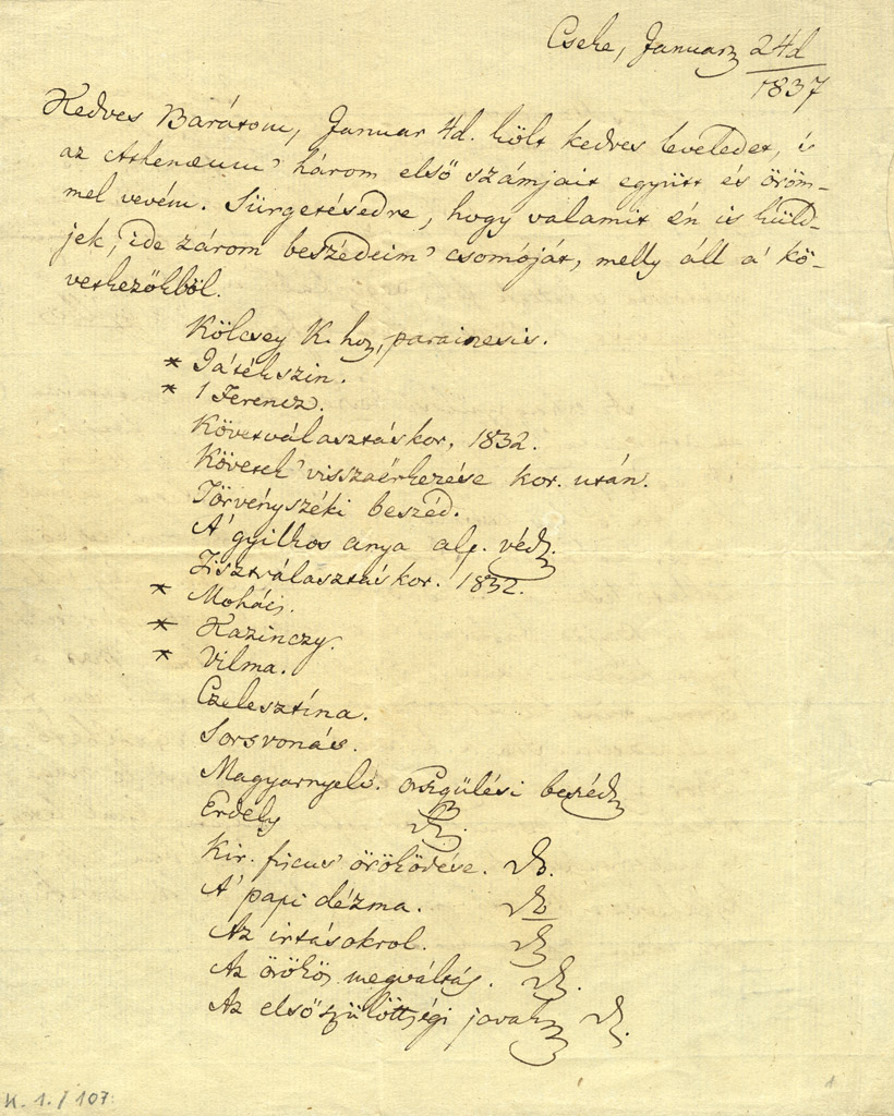 Kölcsey Ferenc levele Vörösmarty Mihálynak. Cseke, 1837. január 24.