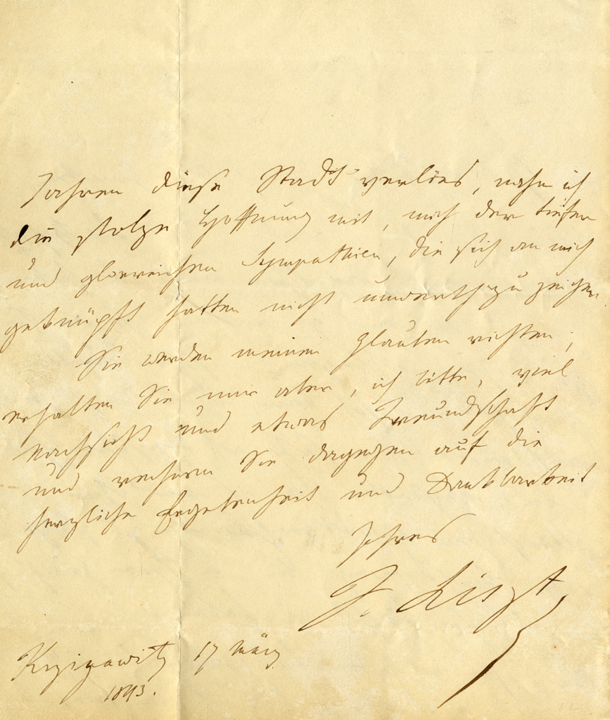 Liszt Ferenc levele Vörösmarty Mihálynak. Kryizawitz, 1843. március 17.
