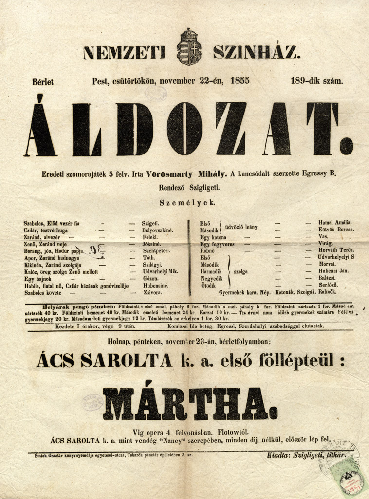 Az áldozat című szomorújáték 1855. november 22-i, Nemzeti Színházbeli előadásának színlapja